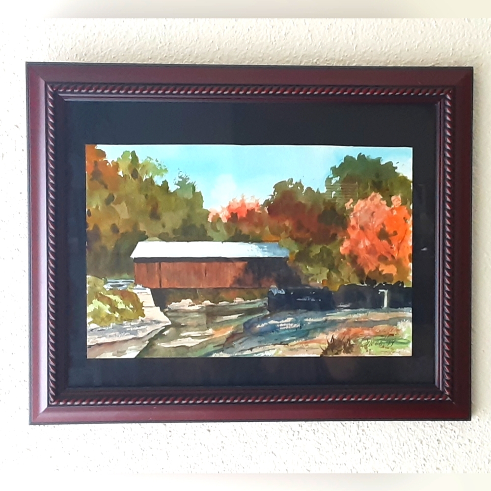 John Bowen Original Watercolor Framed Fall Landscape Covered Bridge